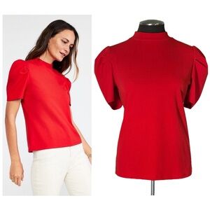 🆕 Ann Taylor – Red Ponte Puff Sleeve Mock Neck Top – Medium